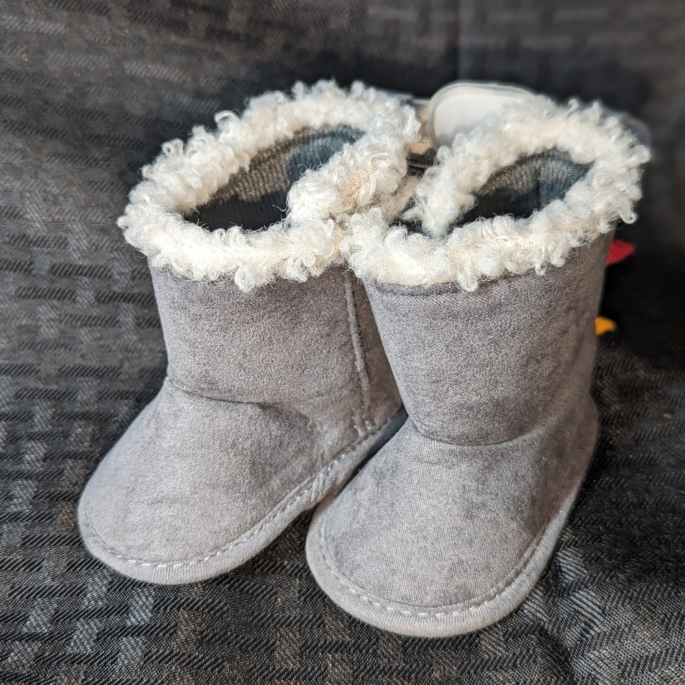 First Steps Baby Faux Suede Dino Booties Grey Size 0-3m.